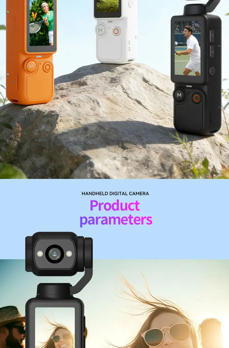 Orange, white, and black handheld gimbal cameras with built-in screens and controls, displayed on a rock.