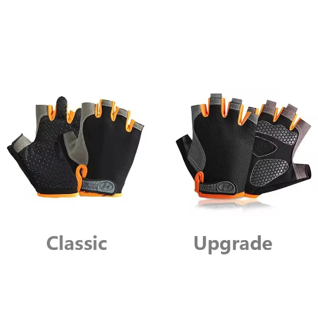 Black and orange fingerless cycling gloves shown in 'Classic' and 'Upgrade' versions with textured palm grip.