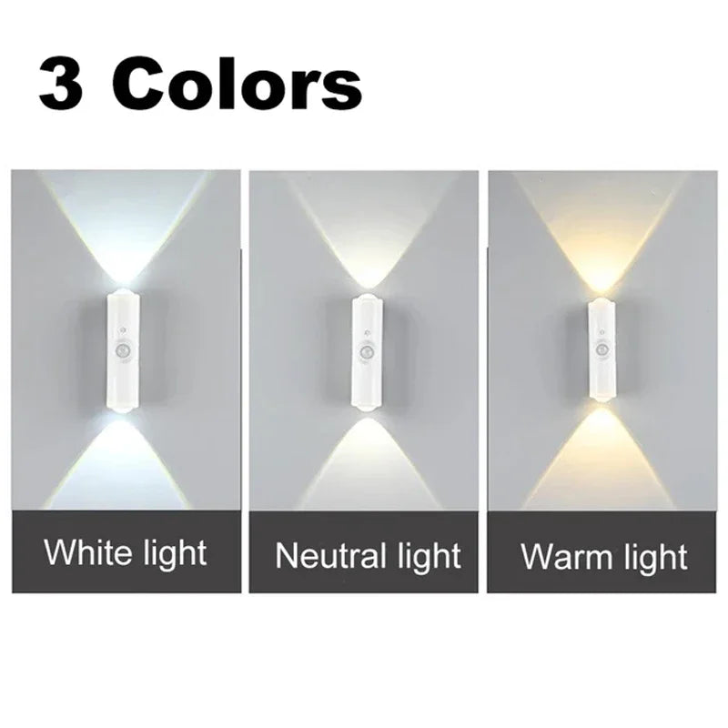 Minimalist white LED motion sensor wall lamp shown with three colour temperature options: white, neutral, and warm.