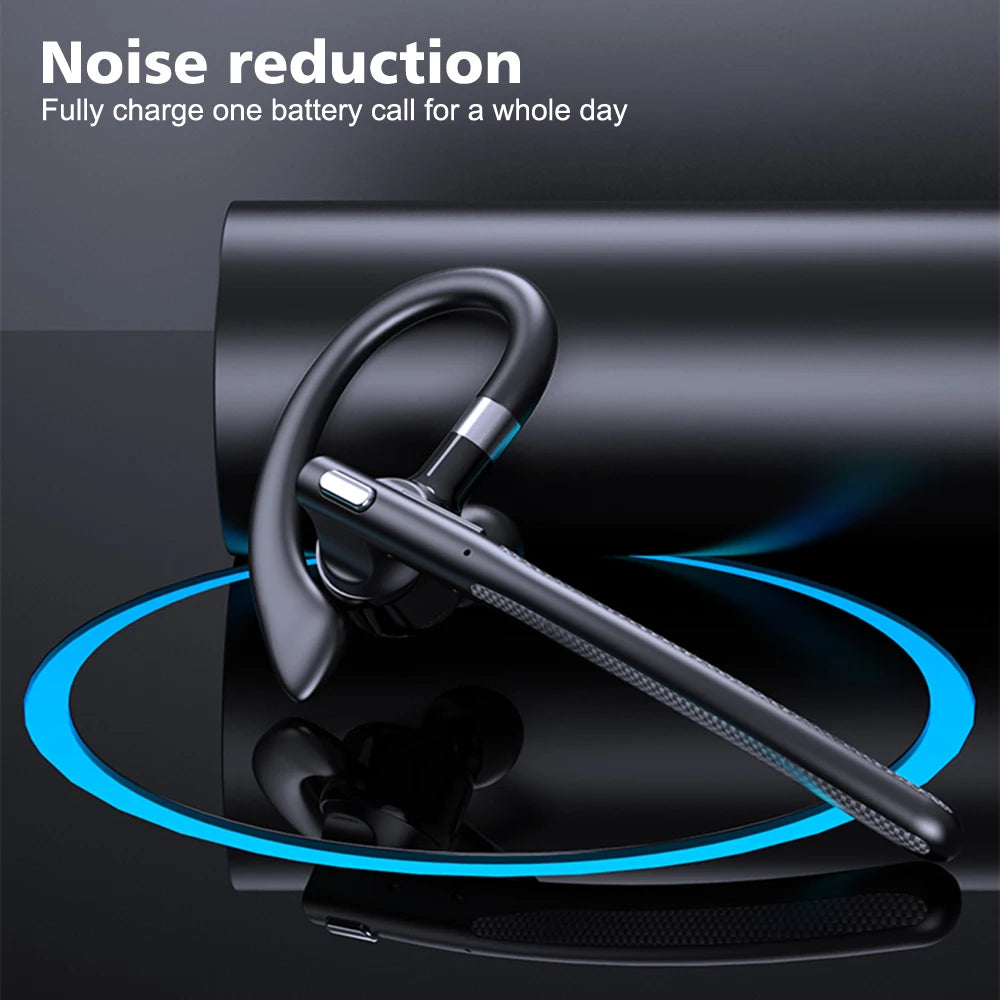 Black wireless ear-hook headset with a long microphone boom arm, shown against a sleek, dark background with blue light.