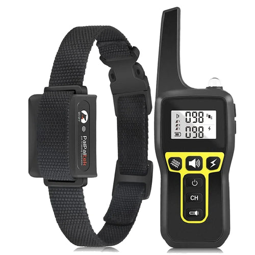 Black dog training collar with adjustable strap and a remote control featuring an LCD screen and yellow buttons.