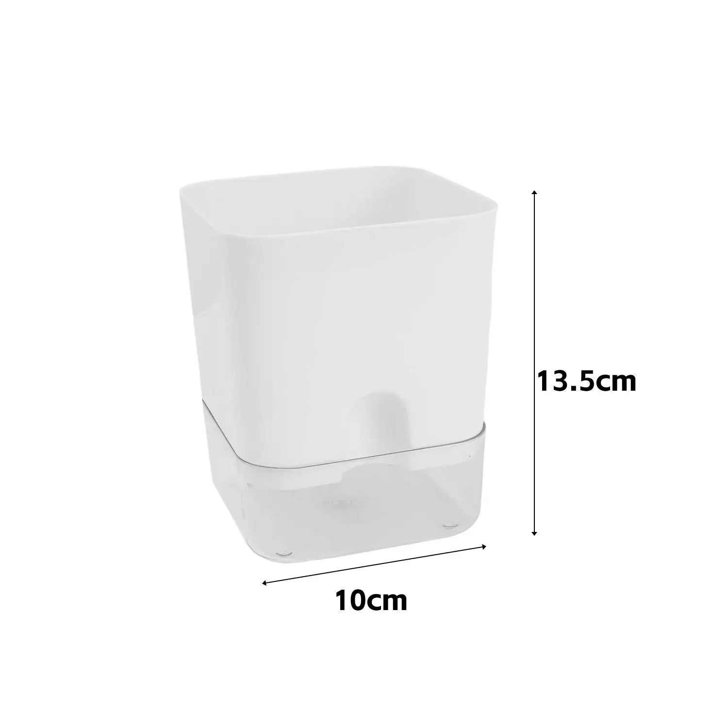 White and clear plastic self-watering square planter, 10cm wide and 13.5cm tall, isolated on a white background.