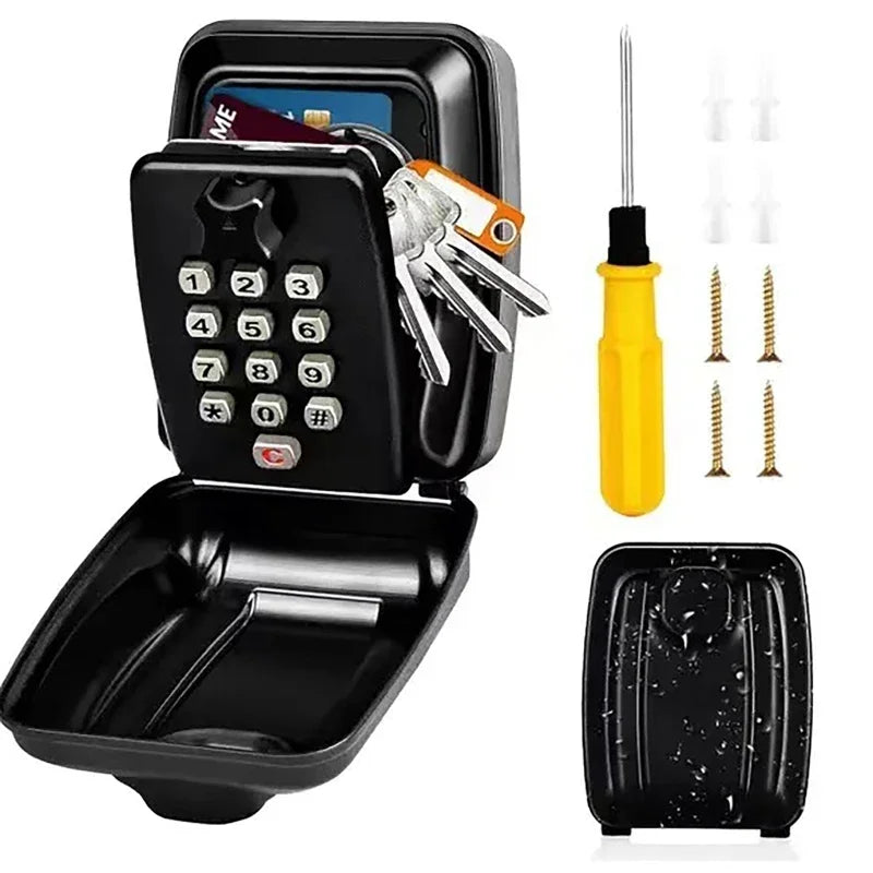Black metal wall-mounted key lock box with combination keypad, screws, and screwdriver.