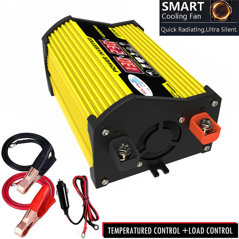 Bright yellow 4000W portable power inverter with digital display, smart cooling fan, and included battery leads.