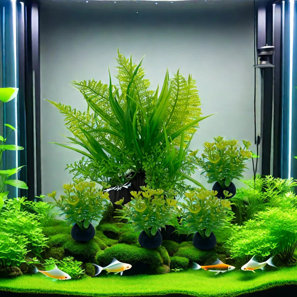 Five assorted green artificial aquarium plants with weighted black bases, arranged in a lush, green underwater scene.