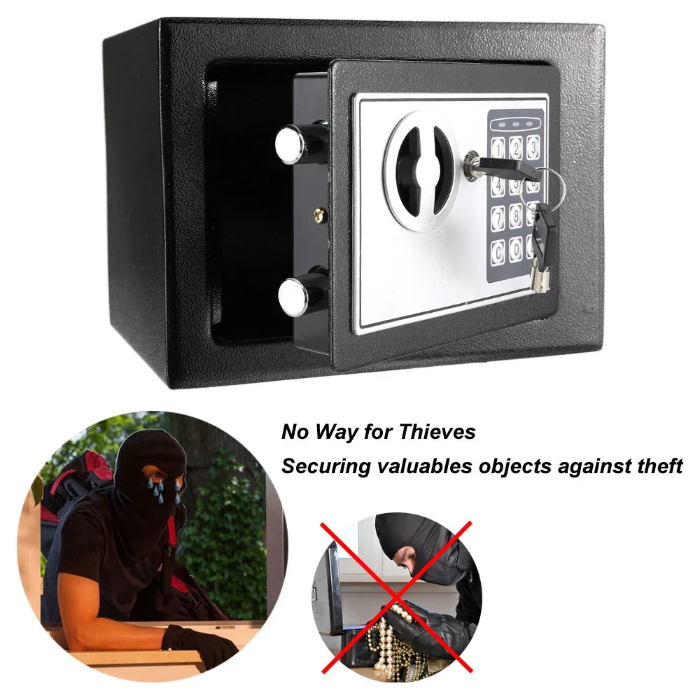 Black steel security safe with a silver electronic keypad, manual key lock, and two internal locking bolts.