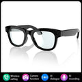 Glossy black smart glasses with integrated cameras, highlighting AI calling, recording, and dialogue features.