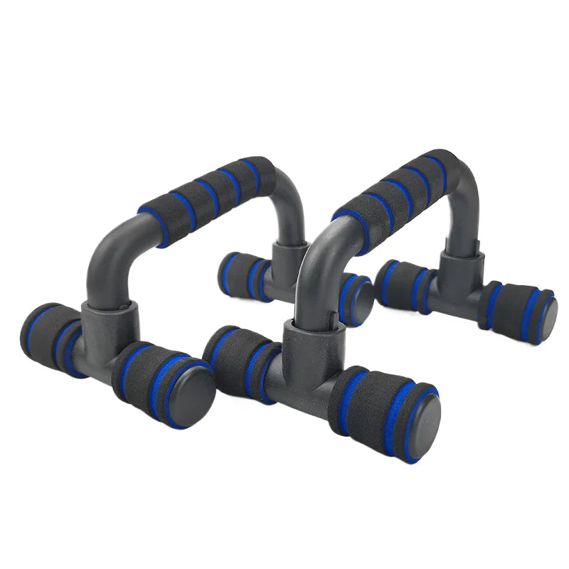 A pair of black push-up bars with cushioned black and blue foam handles on a white background.