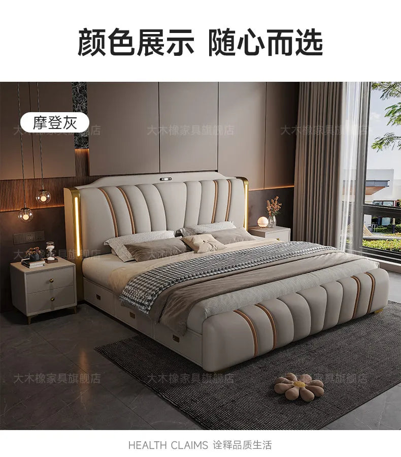 Modern grey luxury bed with a channel-tufted upholstered headboard, integrated LED lighting, and gold metal accents.