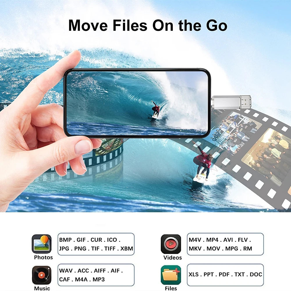 Silver high-speed 512GB USB flash drive connected to a smartphone, showing file format compatibility for media and docs.