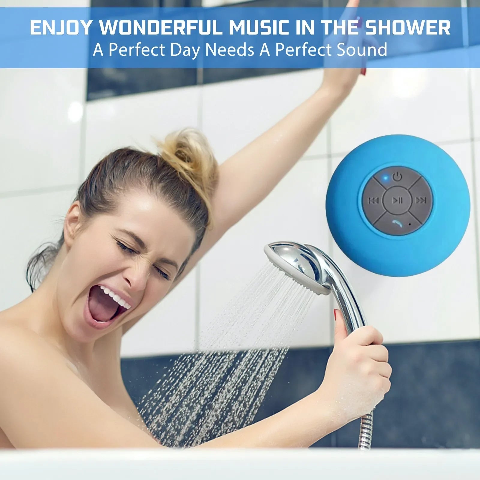 Bright blue round waterproof Bluetooth speaker with control buttons, shown in a bathroom setting.