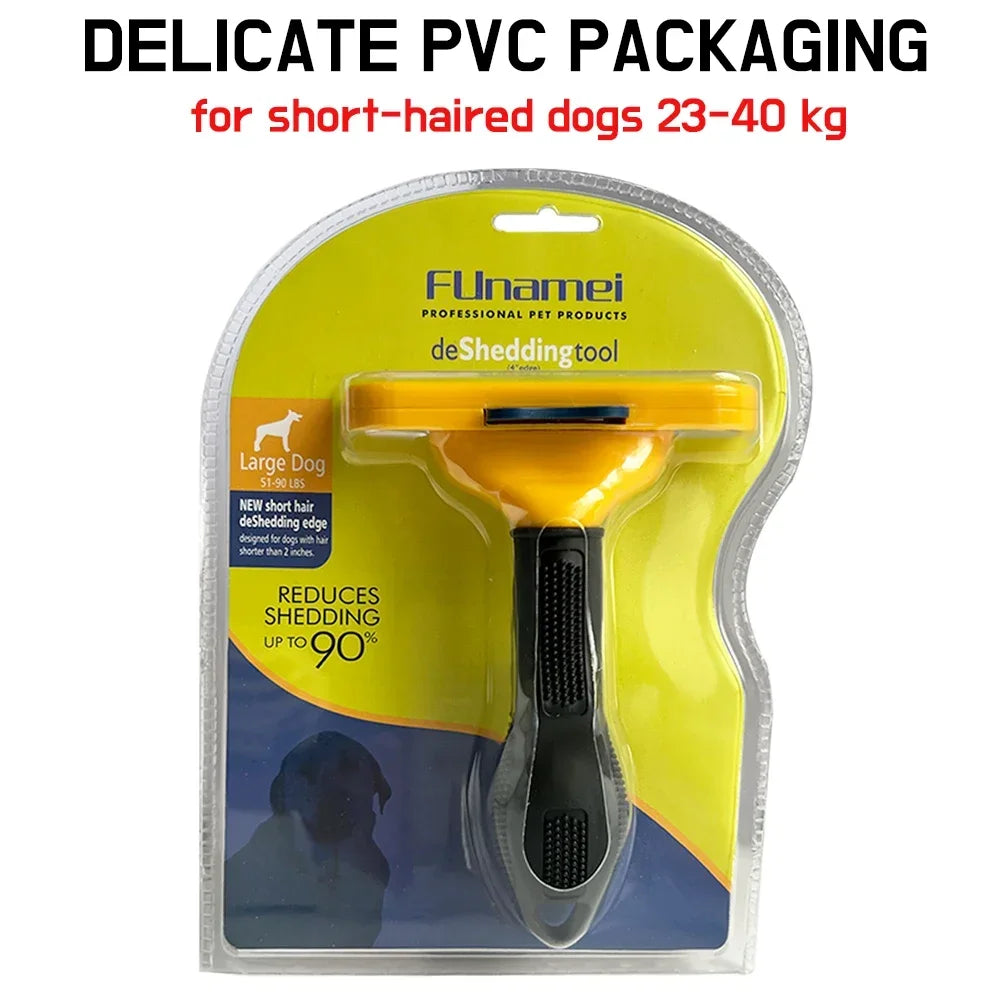 Yellow and black deshedding tool for large, short-haired dogs in clear PVC packaging.