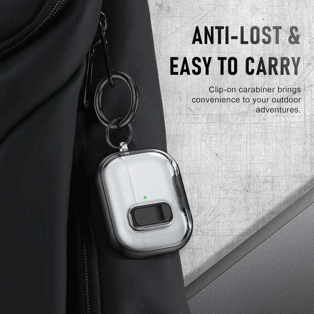 Clear, protective AirPods case with black trim and matching carabiner, clipped to a black bag.