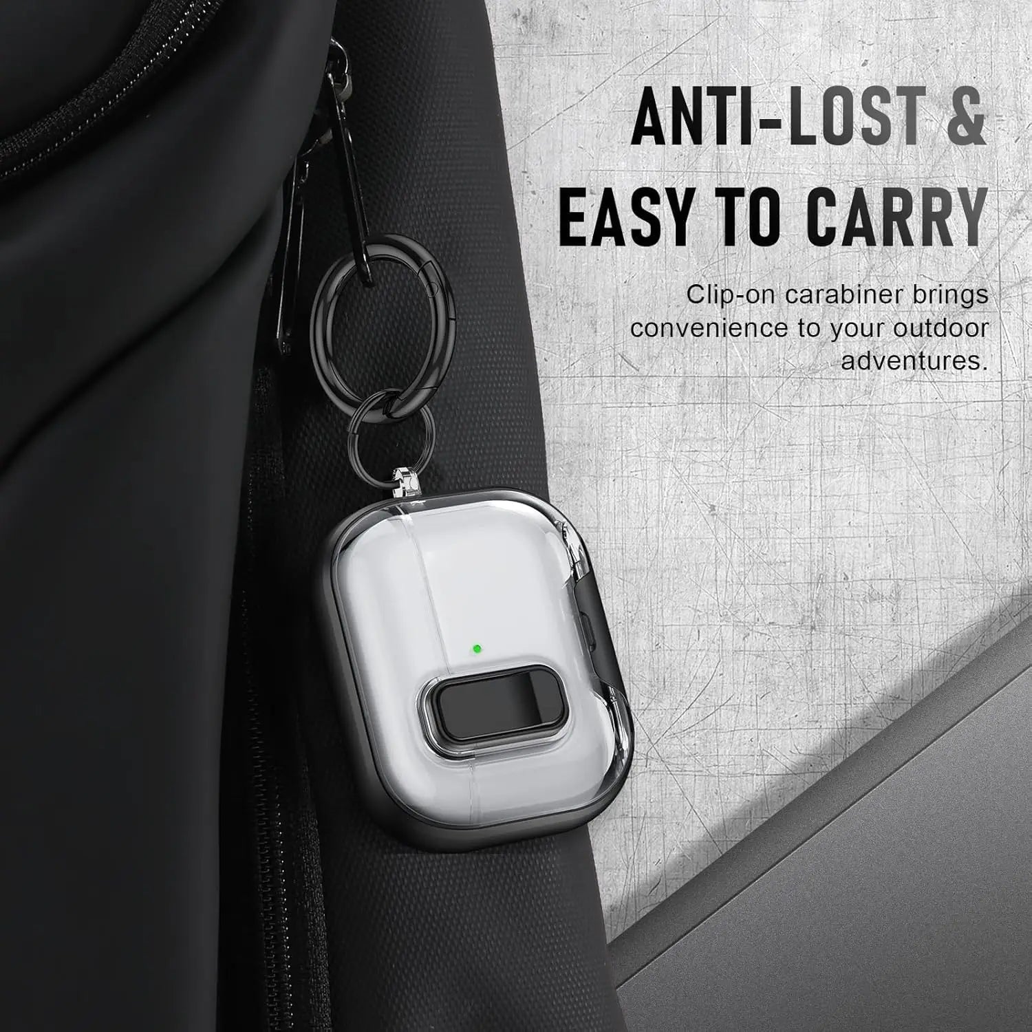 Clear, protective AirPods case with black trim and matching carabiner, clipped to a black bag.