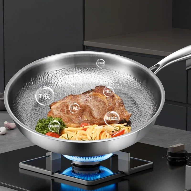 Stainless steel pan on a gas stove cooking meat, pasta, and vegetables with floating text bubbles.