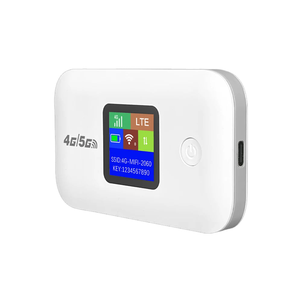 White portable 4G LTE mobile Wi-Fi hotspot with a digital status display screen and power button.