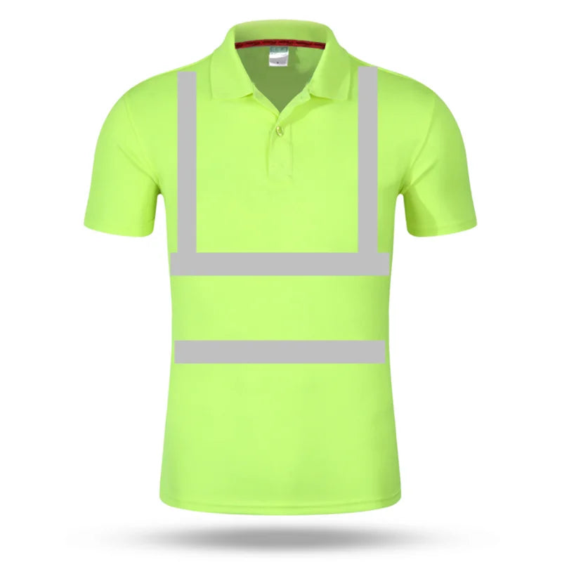 High-visibility yellow polo shirt with reflective silver stripes on the torso and shoulders.