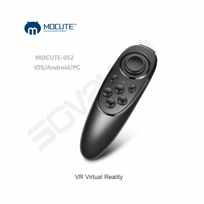 Black, ergonomic VR remote control with a central joystick and labelled action buttons.