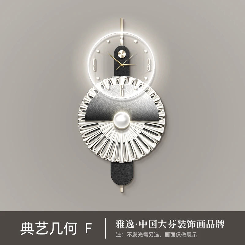 Modern geometric wall clock featuring a backlit transparent circular face, silver fan-shaped detailing, and black accents.