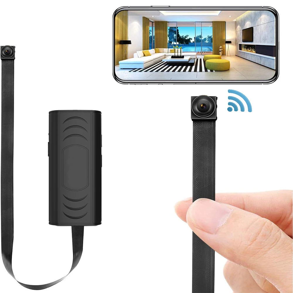 Black mini wireless hidden security camera with a flexible ribbon cable and main control unit.