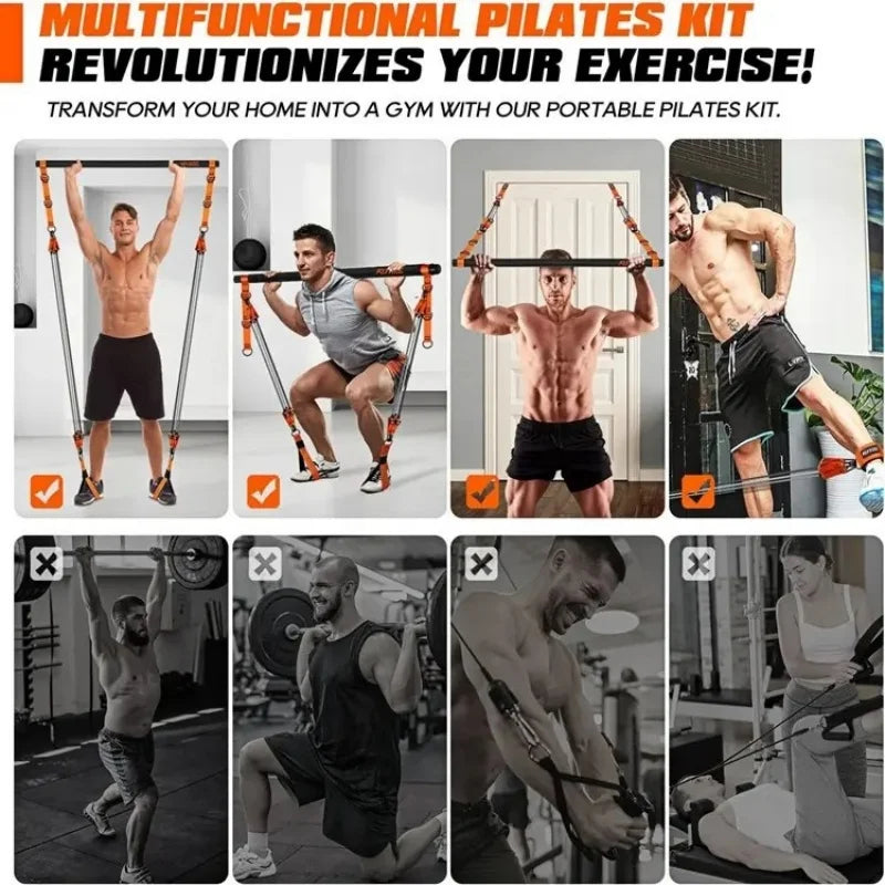 Pilates bar kit with orange and black resistance bands, shown in use for various full-body home workouts.