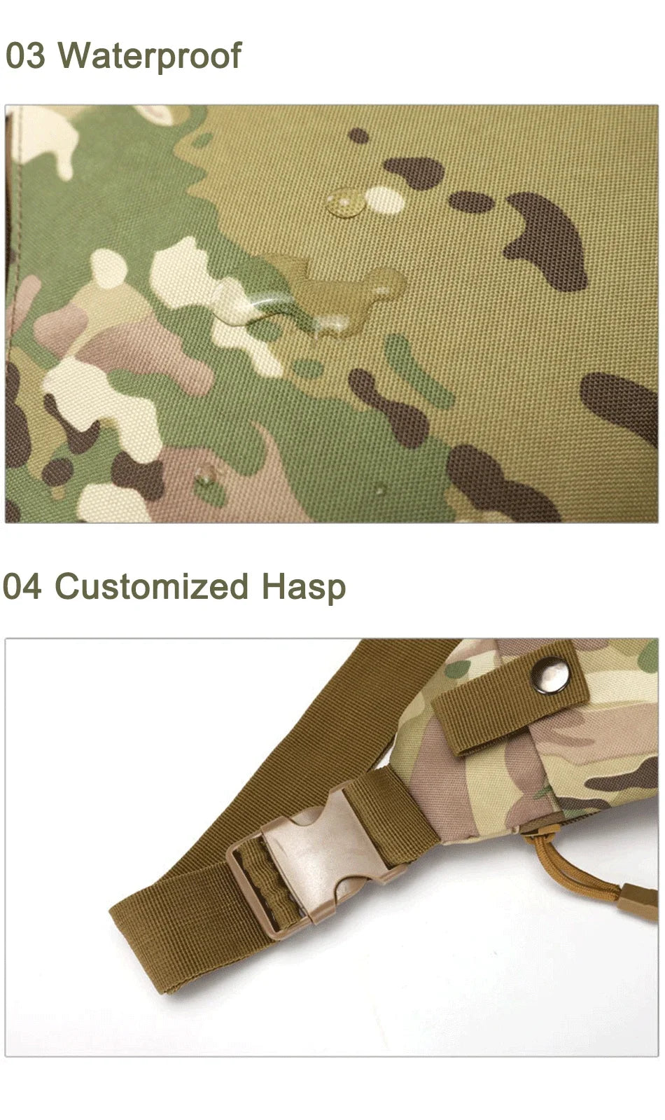Waterproof camouflage fabric with droplets, showing the sling bag's sturdy buckle and secure fastening clip.
