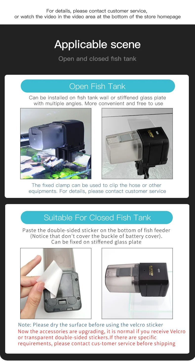 Black and translucent automatic fish feeder for open or closed aquariums, featuring clamp and adhesive mounting options.