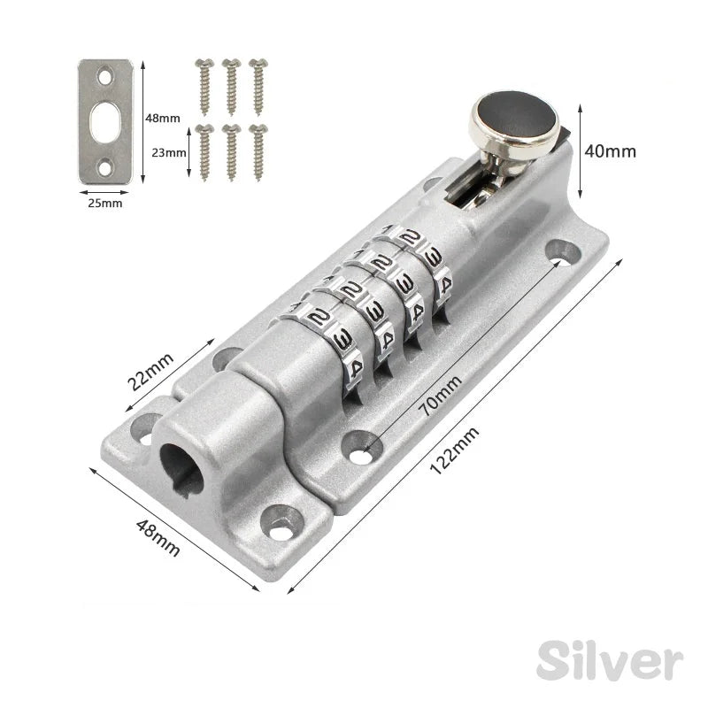 Silver metal combination door bolt lock with four number dials, mounting plate, and six screws with dimensions.