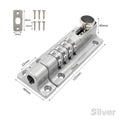 Silver metal combination door bolt lock with four number dials, mounting plate, and six screws with dimensions.