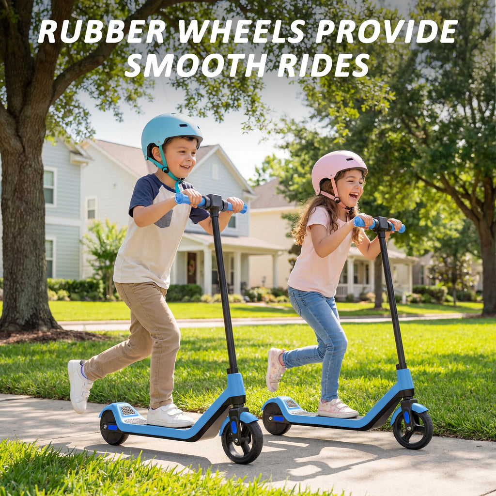 Two kids ride blue electric scooters with black handlebars on a suburban sidewalk, wearing helmets.