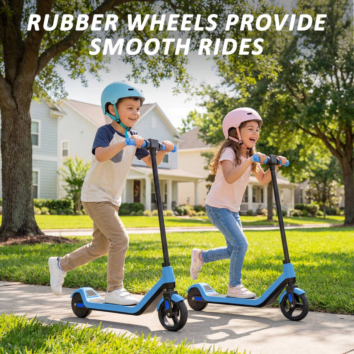 Two kids ride blue electric scooters with black handlebars on a suburban sidewalk, wearing helmets.