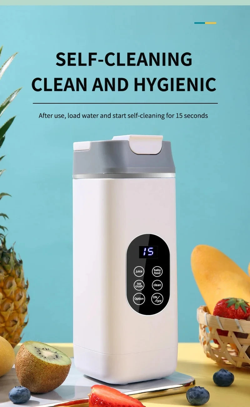 White, rectangular portable blender with a grey top, digital display, and multi-function buttons on a blue background.