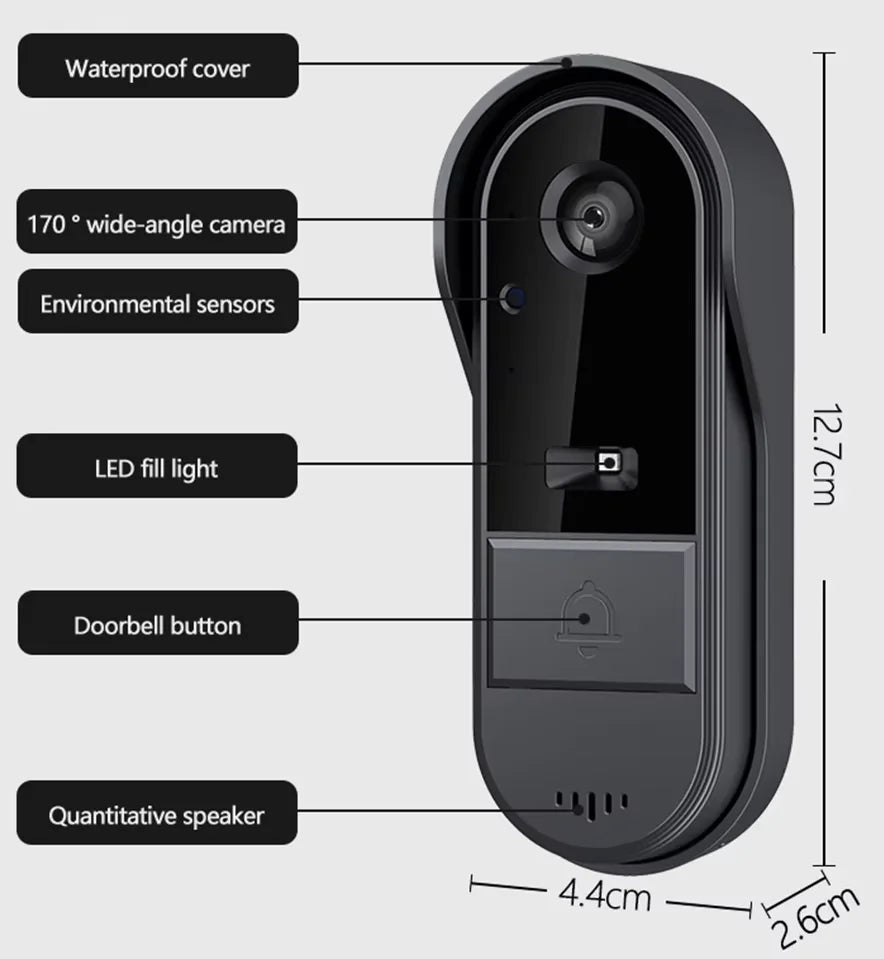 A sleek black wireless video doorbell featuring a wide-angle camera, LED light, sensors, and built-in speaker.