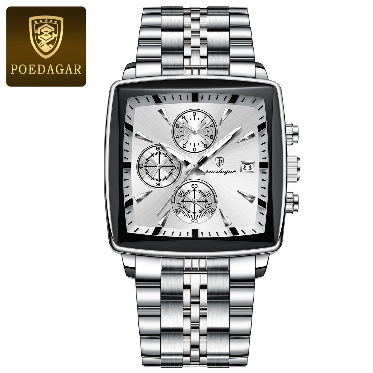 Silver stainless steel square men's watch with white dial, chronograph subdials, and date window.