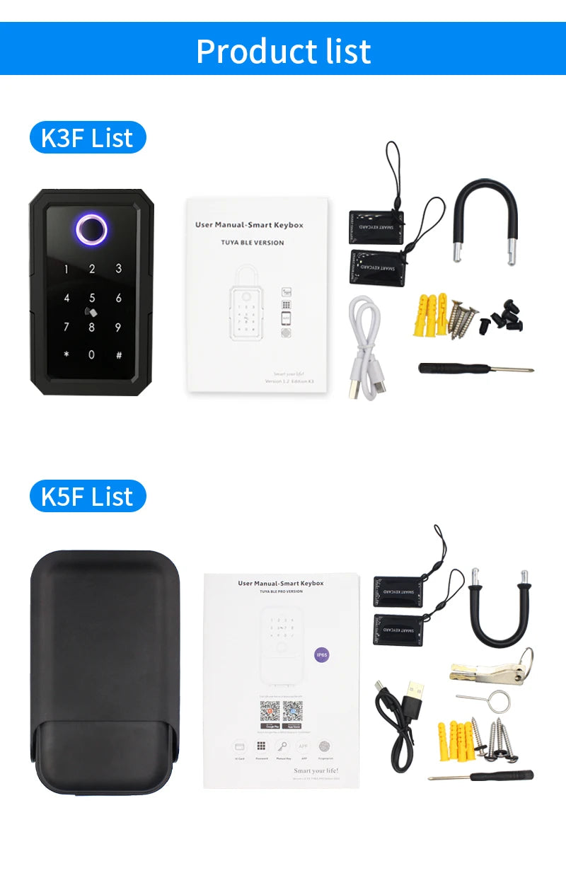 Black smart key boxes with keypads, manuals, access cards, shackles, charging cables, and mounting hardware.