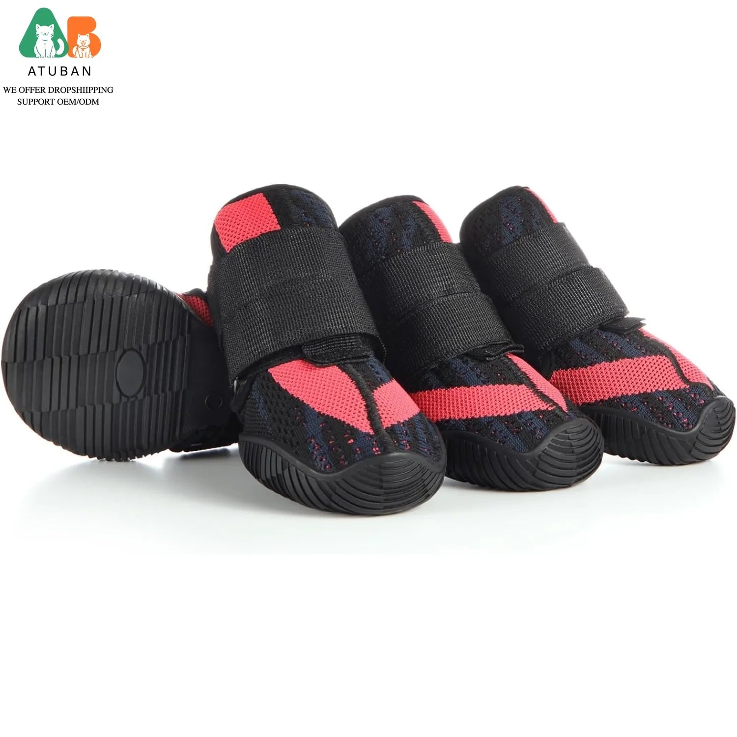 Breathable, red and black patterned dog boots with adjustable velcro straps and rugged, non-slip rubber soles.