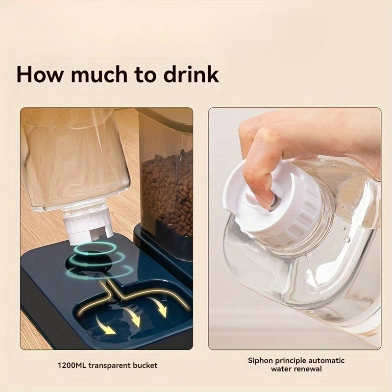 Automatic pet water dispenser with a 1200ml transparent bucket and dark blue base featuring a siphon refill design.
