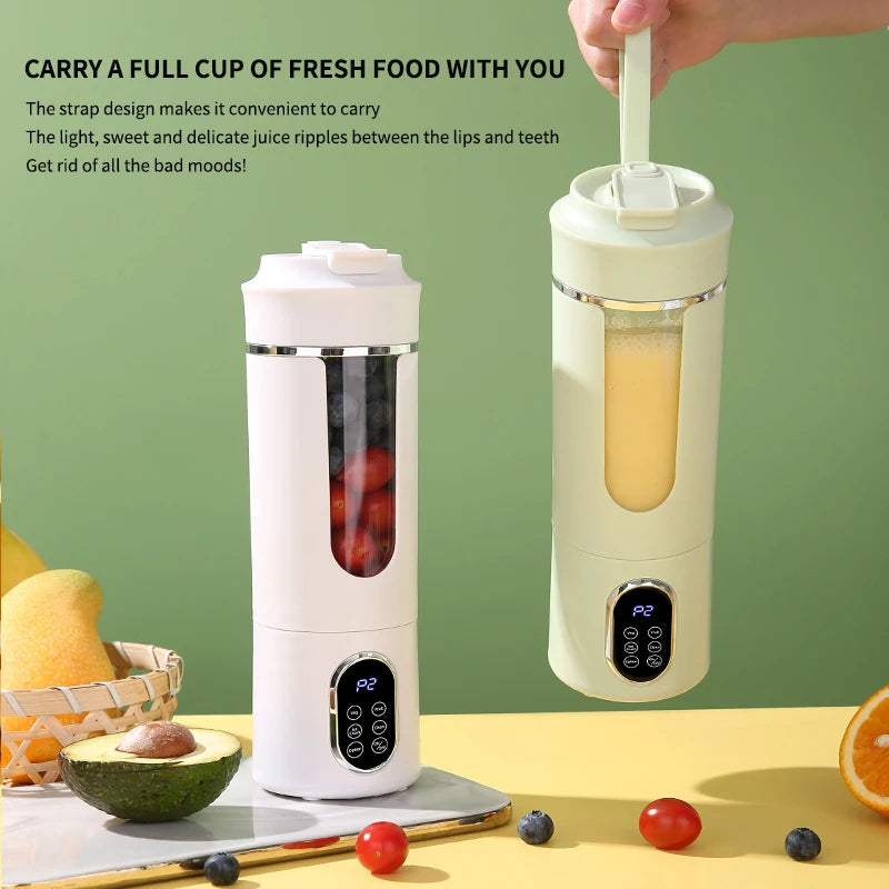 Two portable, white and light green rechargeable blenders with digital displays, one held by a silicone carry strap.