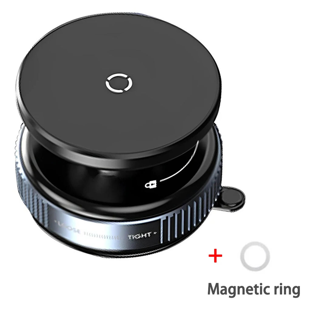 Black magnetic car phone mount with a twist-lock mechanism and a separate metallic adhesive ring.