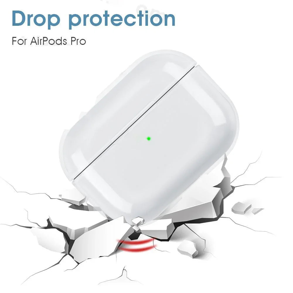 Clear, protective silicone case for AirPods Pro, shown resting on a cracked surface to demonstrate drop protection.