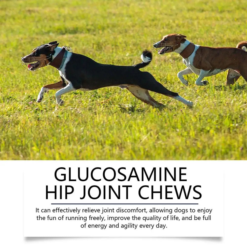 Two active dogs running through a field, promoting hip and joint chews for improved mobility and energy.
