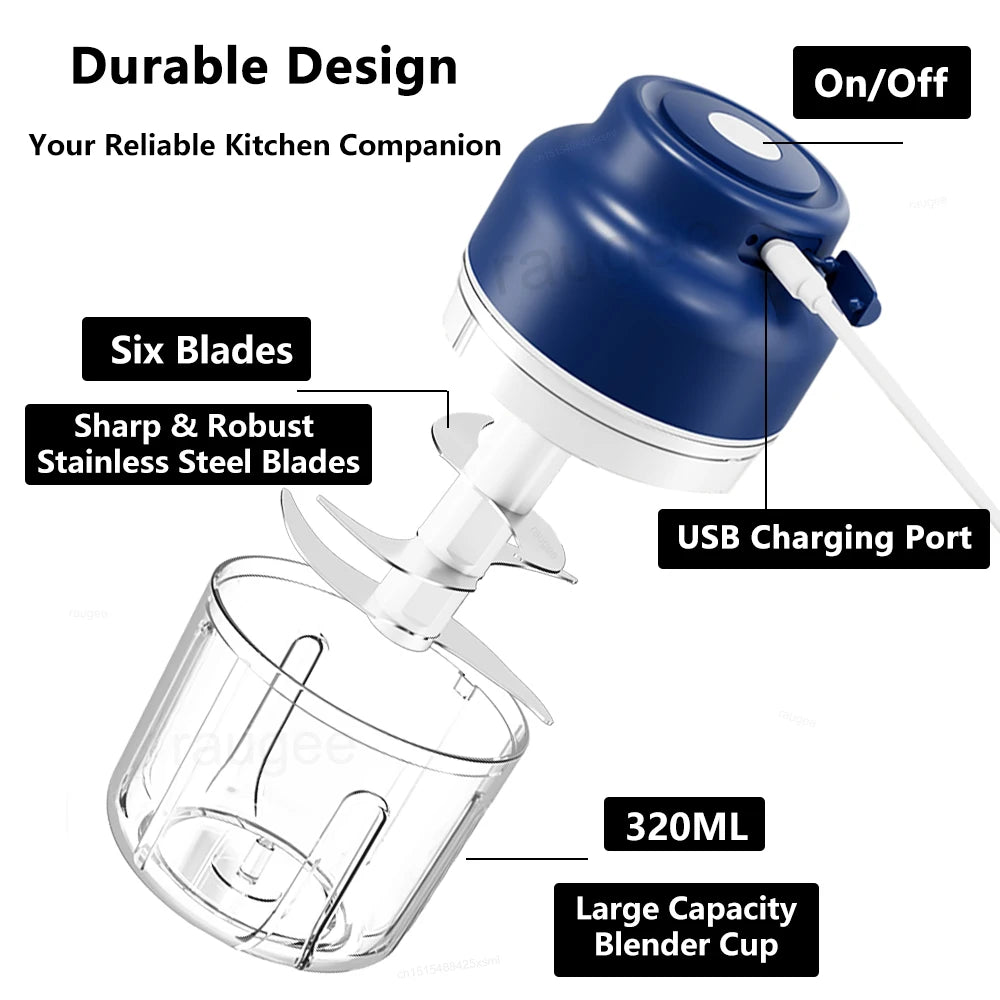 Blue and white electric portable food chopper with six stainless steel blades, 320ml glass cup, and USB charging.
