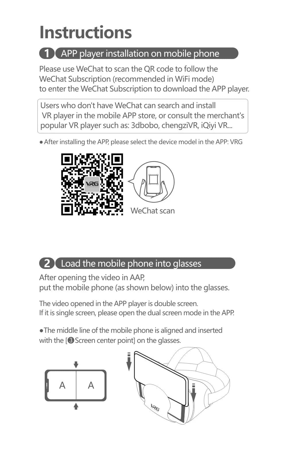 Black and white instruction manual for a VR headset, showing app installation, QR code, and phone loading steps.