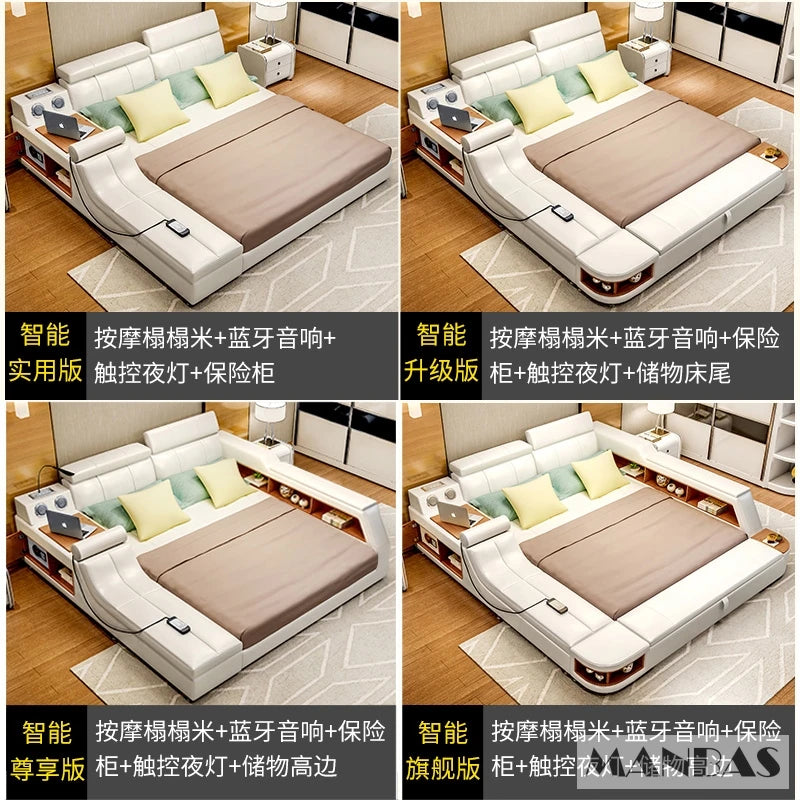 Luxury white leather smart bed with integrated storage, LED lighting, built-in side tables, and tech features.