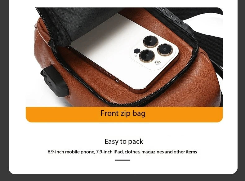 Tan faux-leather crossbody sling bag with a front zip compartment, external USB port, and space for a mobile phone.