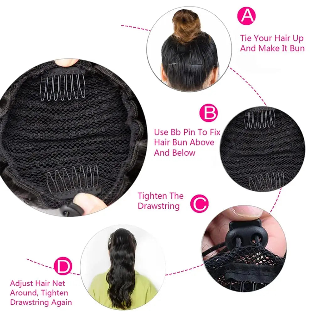 Natural black body wave human hair drawstring ponytail extension showing step-by-step application.
