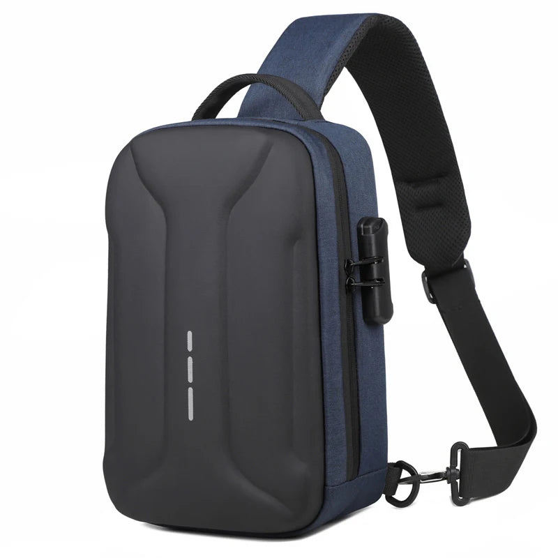 Blue and black anti-theft crossbody bag with a hard shell, combination lock, and adjustable padded shoulder strap.