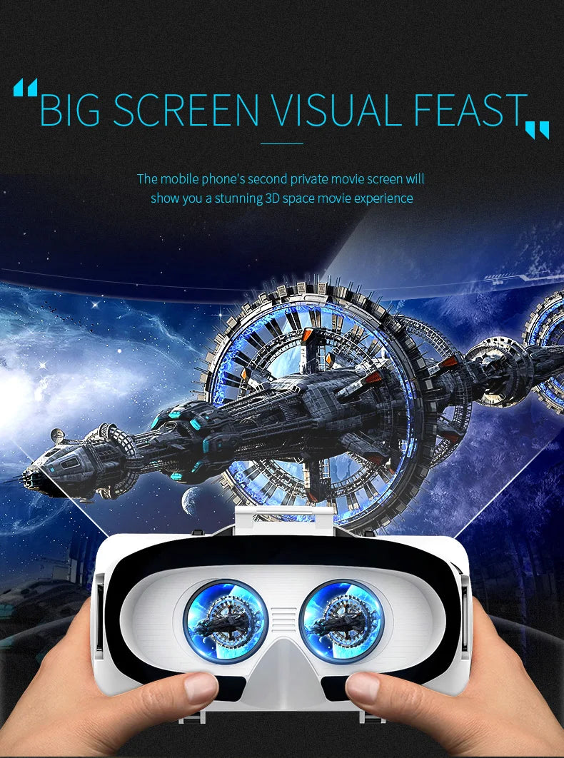 Hands hold a white smartphone VR headset, displaying a 3D space scene through the circular lenses.
