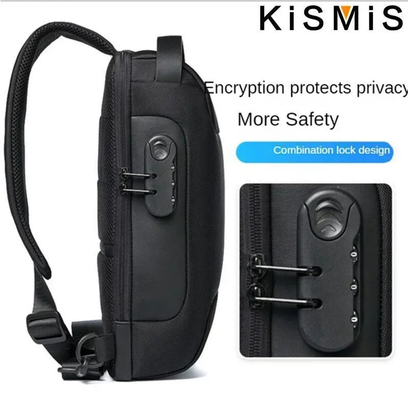 Black waterproof anti-theft crossbody bag with a built-in combination lock and padded adjustable shoulder strap.