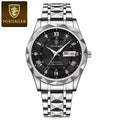 POEDAGAR silver stainless steel quartz men's watch with round black dial, faceted bezel, and day-date display.